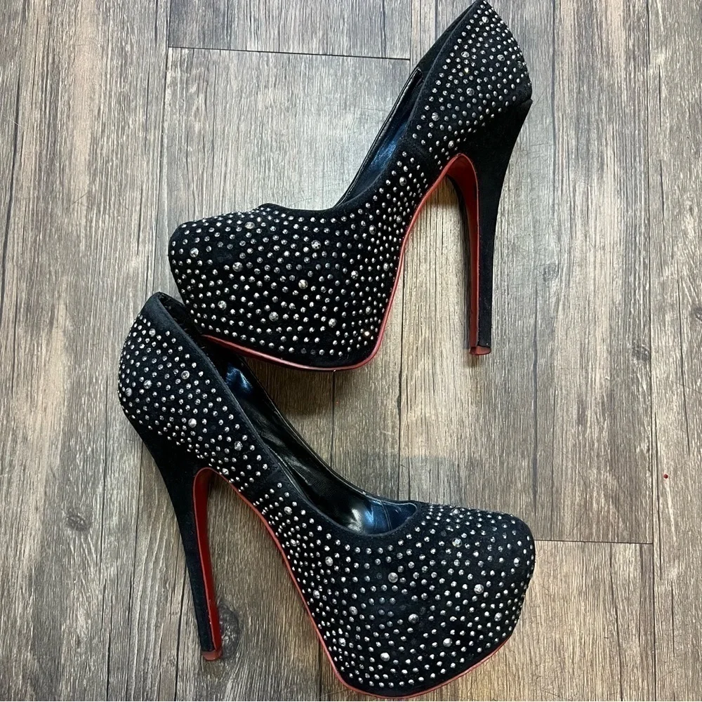 Alba Red Sole Black Suede Silver Rhinestone Platform Stiletto High Heels 8.5